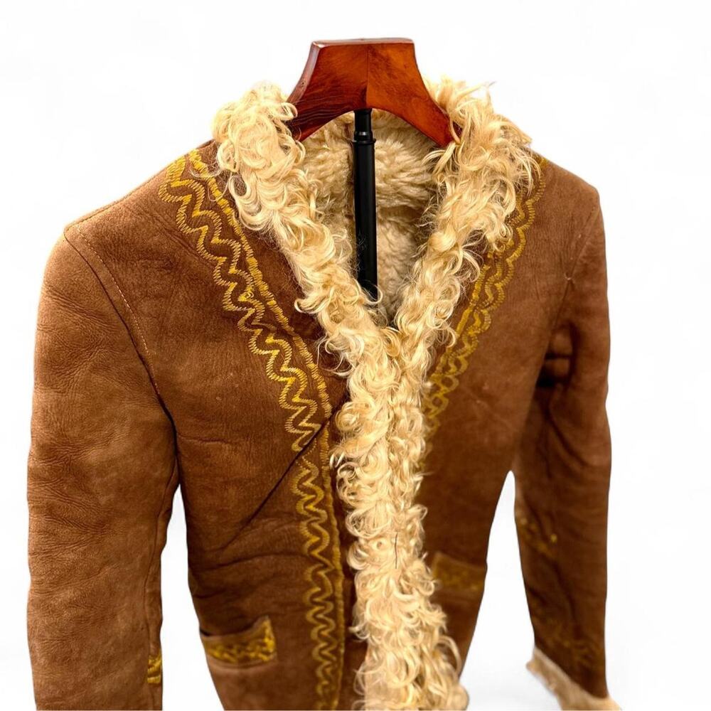 Vintage 70s Boho Embroidered Sheepskin & Shearling Afghan Penny Lane Coat XS/S - Picture 8 of 8